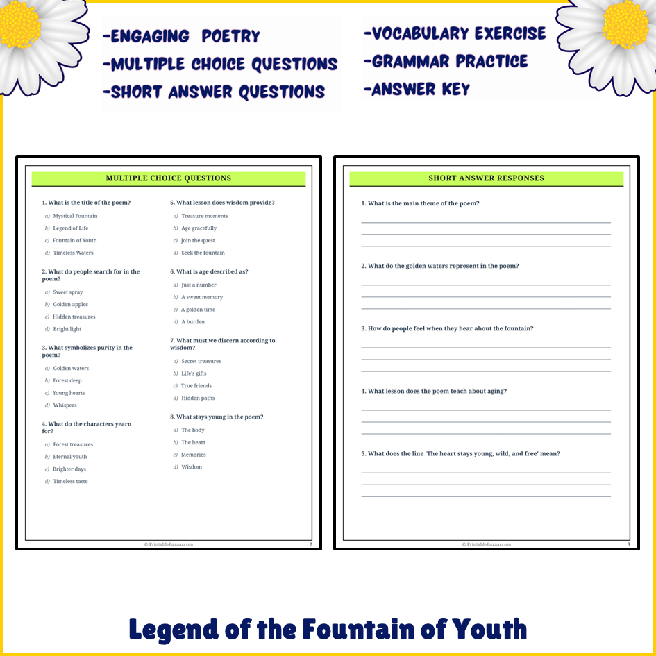 Legend of the Fountain of Youth | Poem Grammar Worksheet Printable Activity