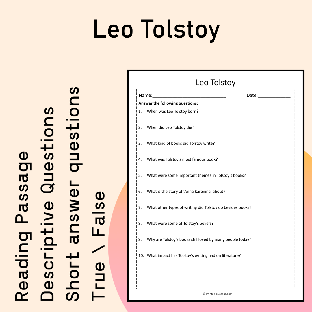Leo Tolstoy | Reading Comprehension Passage Printable Activity