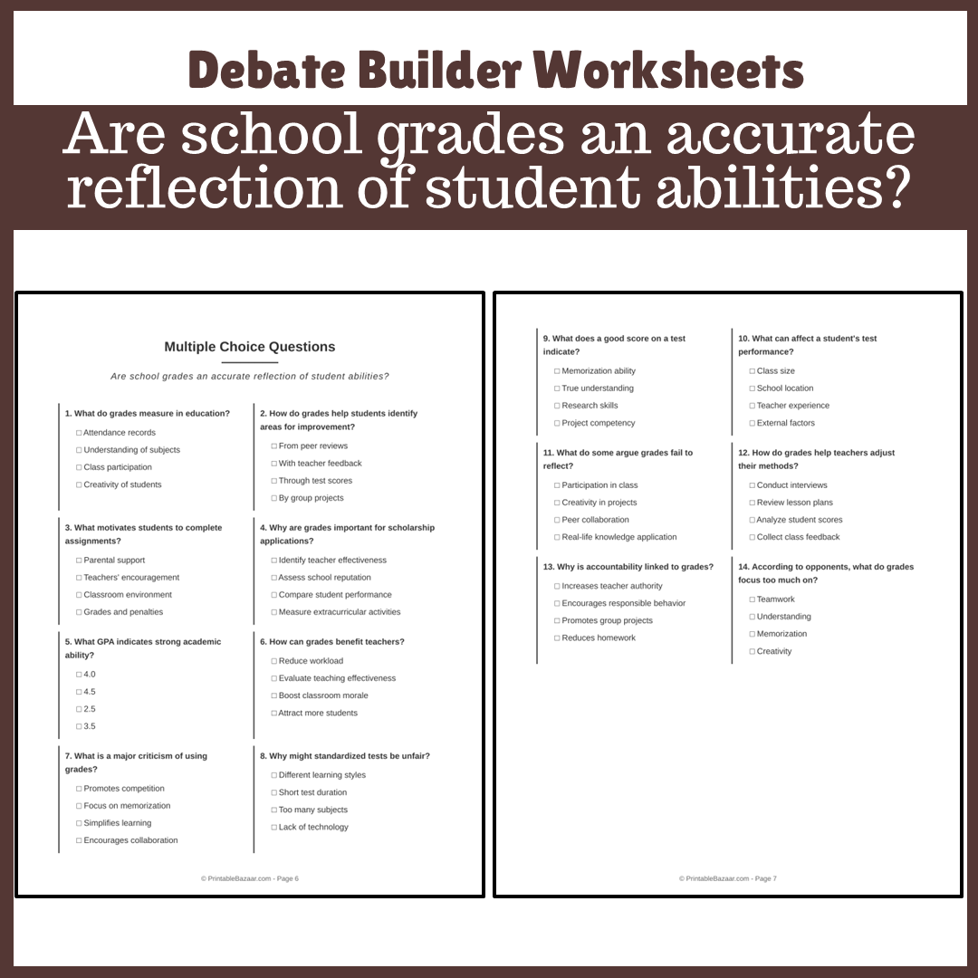 Are school grades an accurate reflection of student abilities? | Favour and Against Worksheet Printable Activity