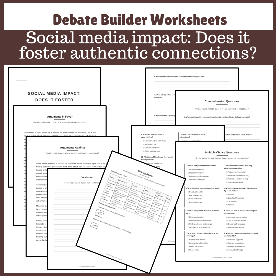 Social media impact: Does it foster authentic connections? | Favour and Against Worksheet Printable Activity