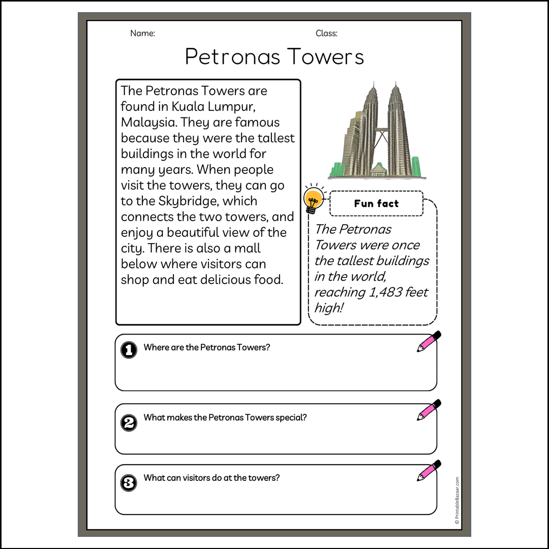 Petronas Towers | Reading Passage Comprehension Questions Writing Facts Worksheet