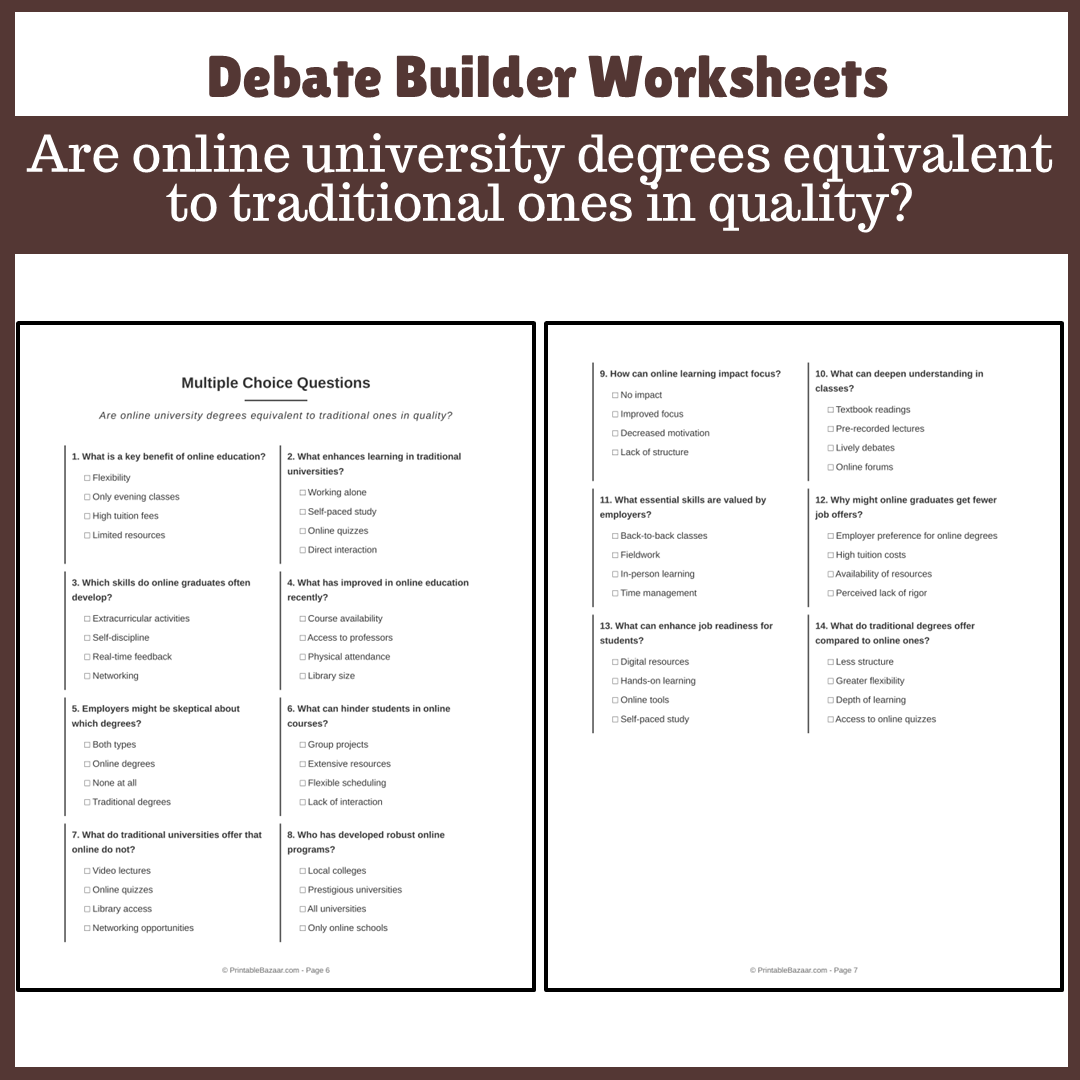 Are online university degrees equivalent to traditional ones in quality? | Favour and Against Worksheet Printable Activity