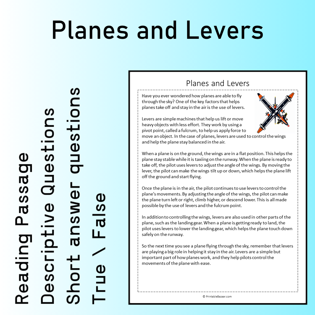 Planes and Levers | Reading Comprehension Passage Printable Worksheet