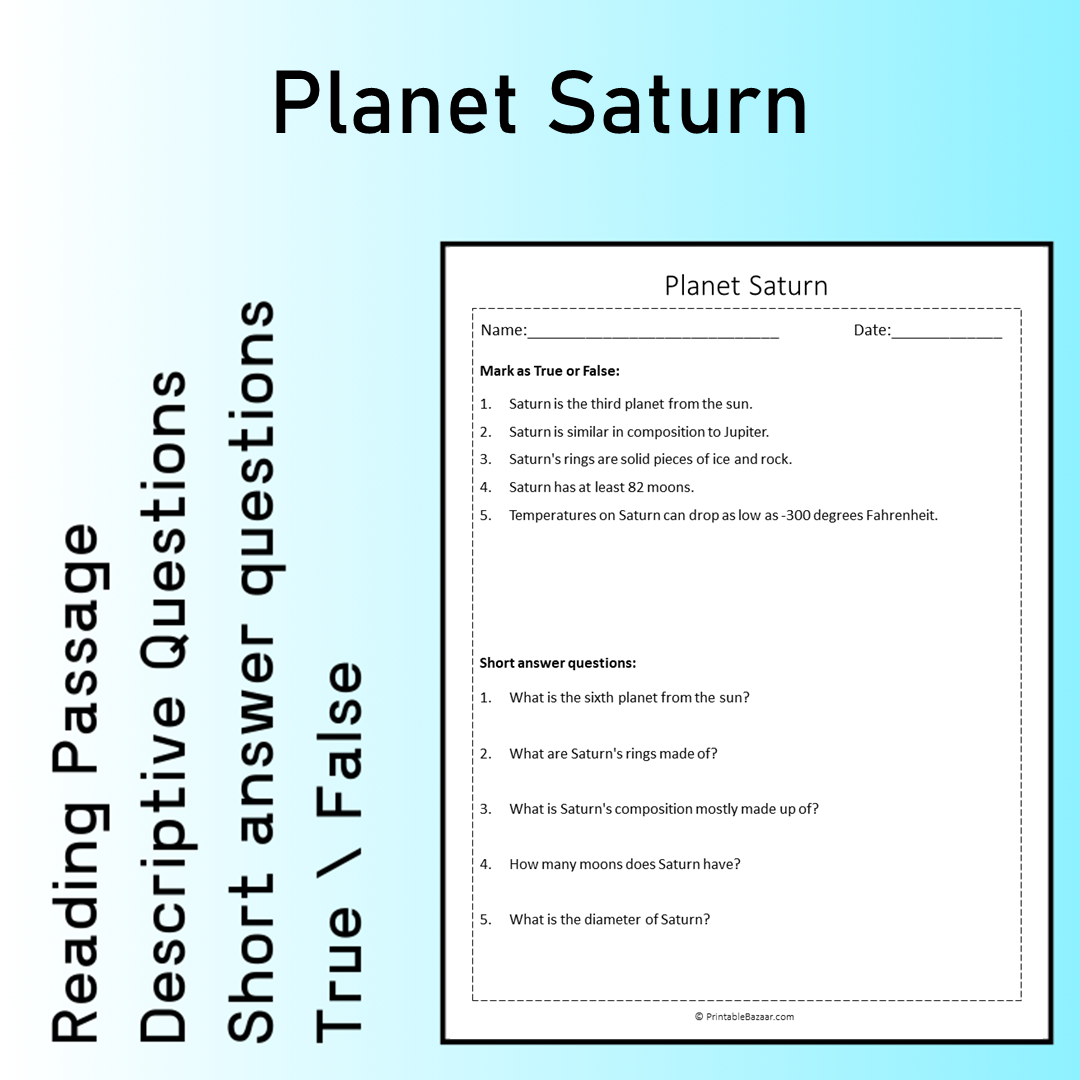 Planet Saturn | Reading Comprehension Passage Printable Worksheet