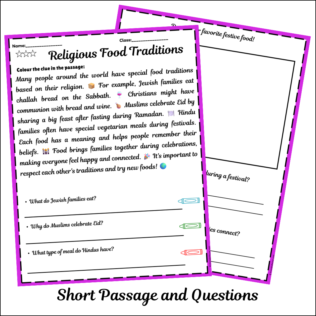 Religious Food Traditions | Short Reading Comprehension Creative Worksheet