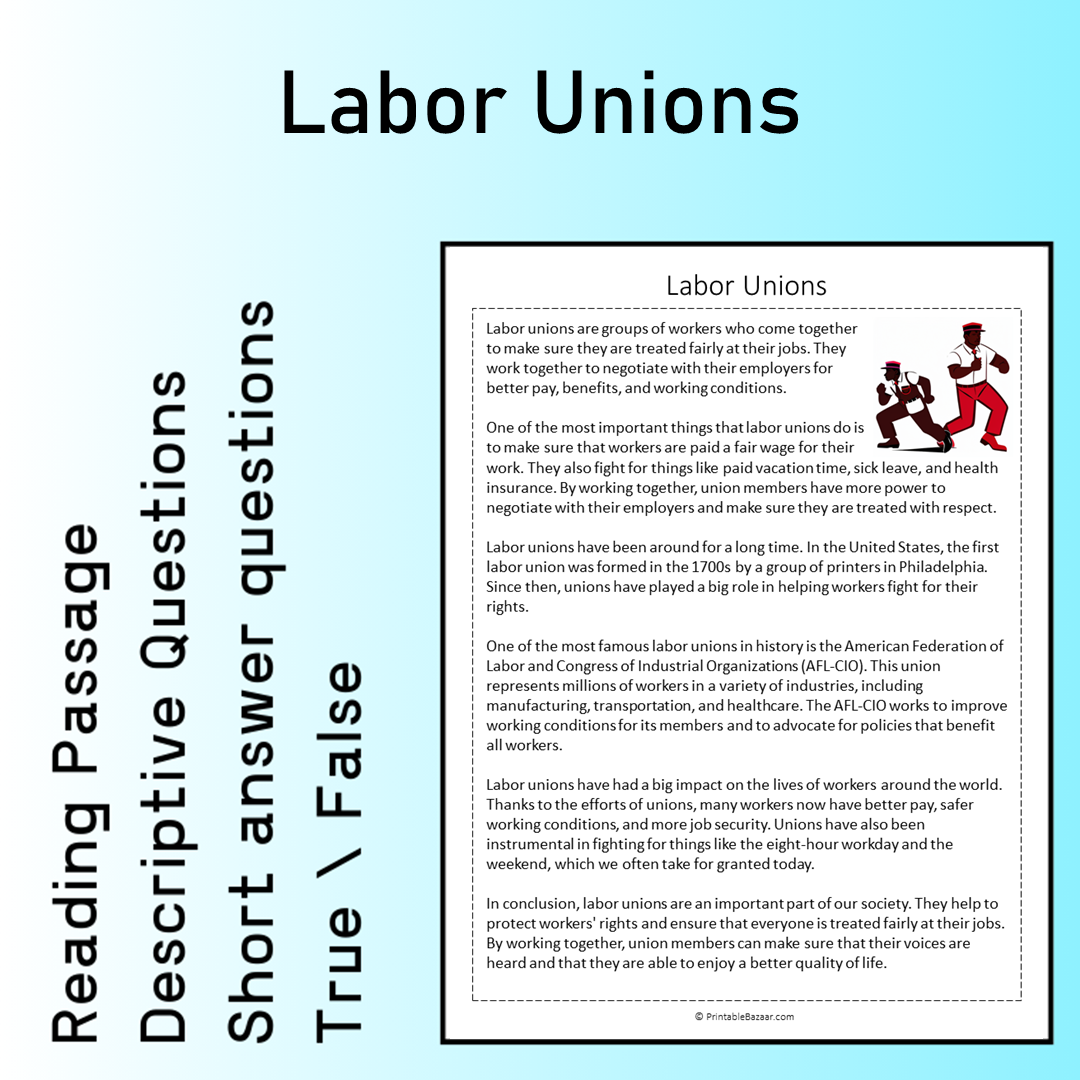 Labor Unions | Reading Comprehension Passage Printable Worksheet