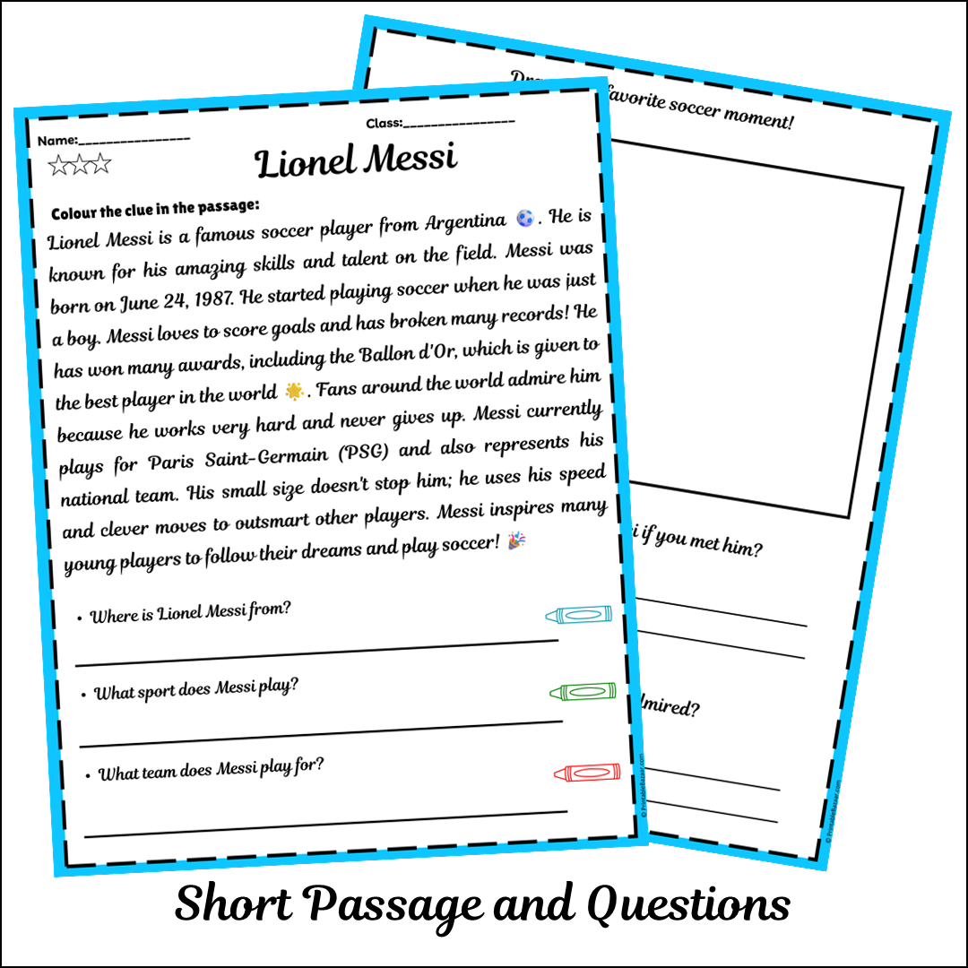 Lionel Messi | Short Reading Comprehension Creative Worksheet