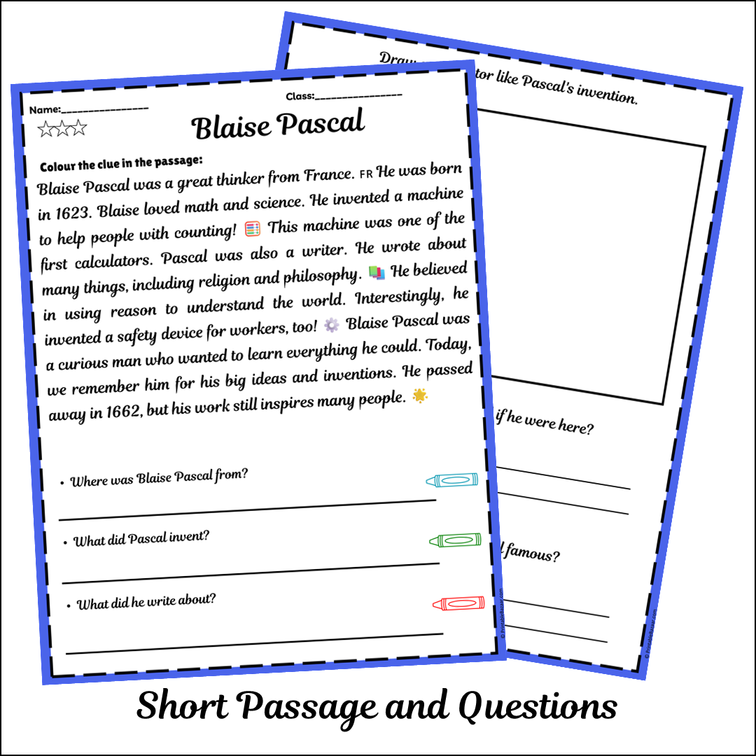 Blaise Pascal | Short Reading Comprehension Creative Worksheet