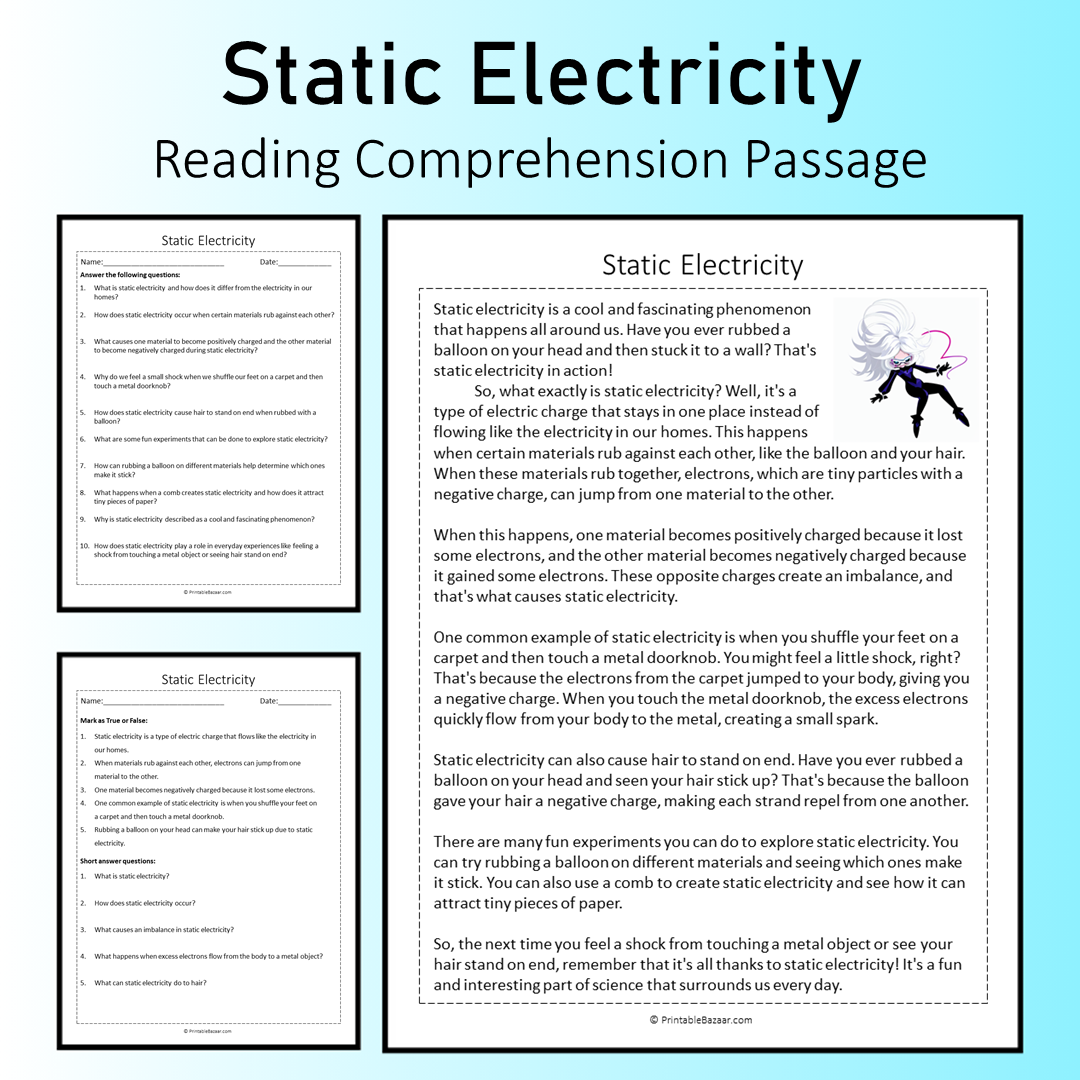Static Electricity | Reading Comprehension Passage Printable Worksheet
