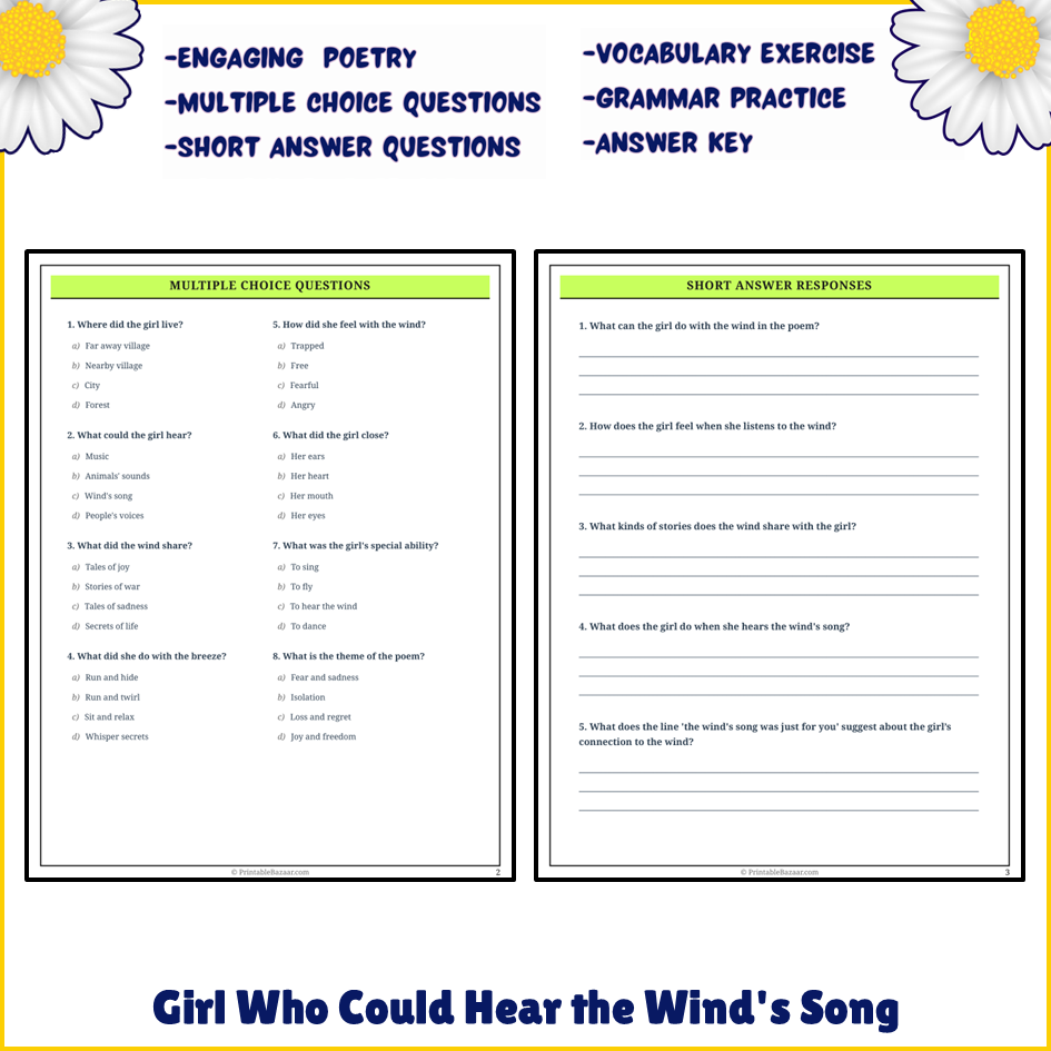 Girl Who Could Hear the Wind's Song | Poem Grammar Worksheet Printable Activity