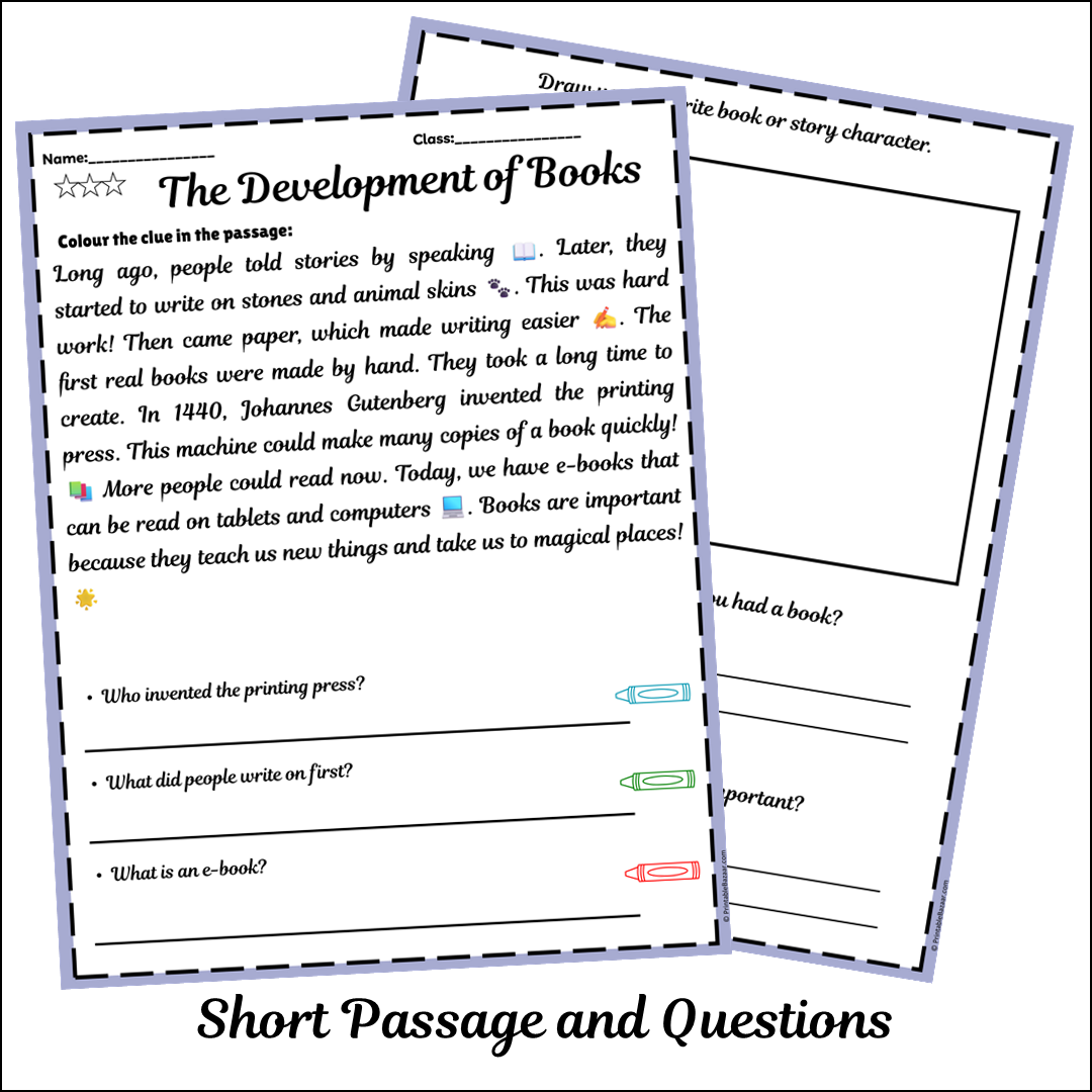 The Development of Books | Short Reading Comprehension Creative Worksheet