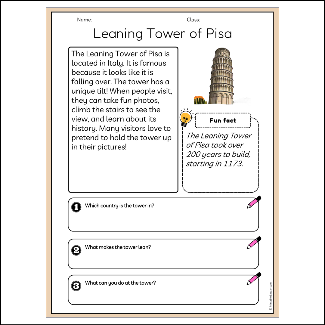 Leaning Tower of Pisa | Reading Passage Comprehension Questions Writing Facts Worksheet