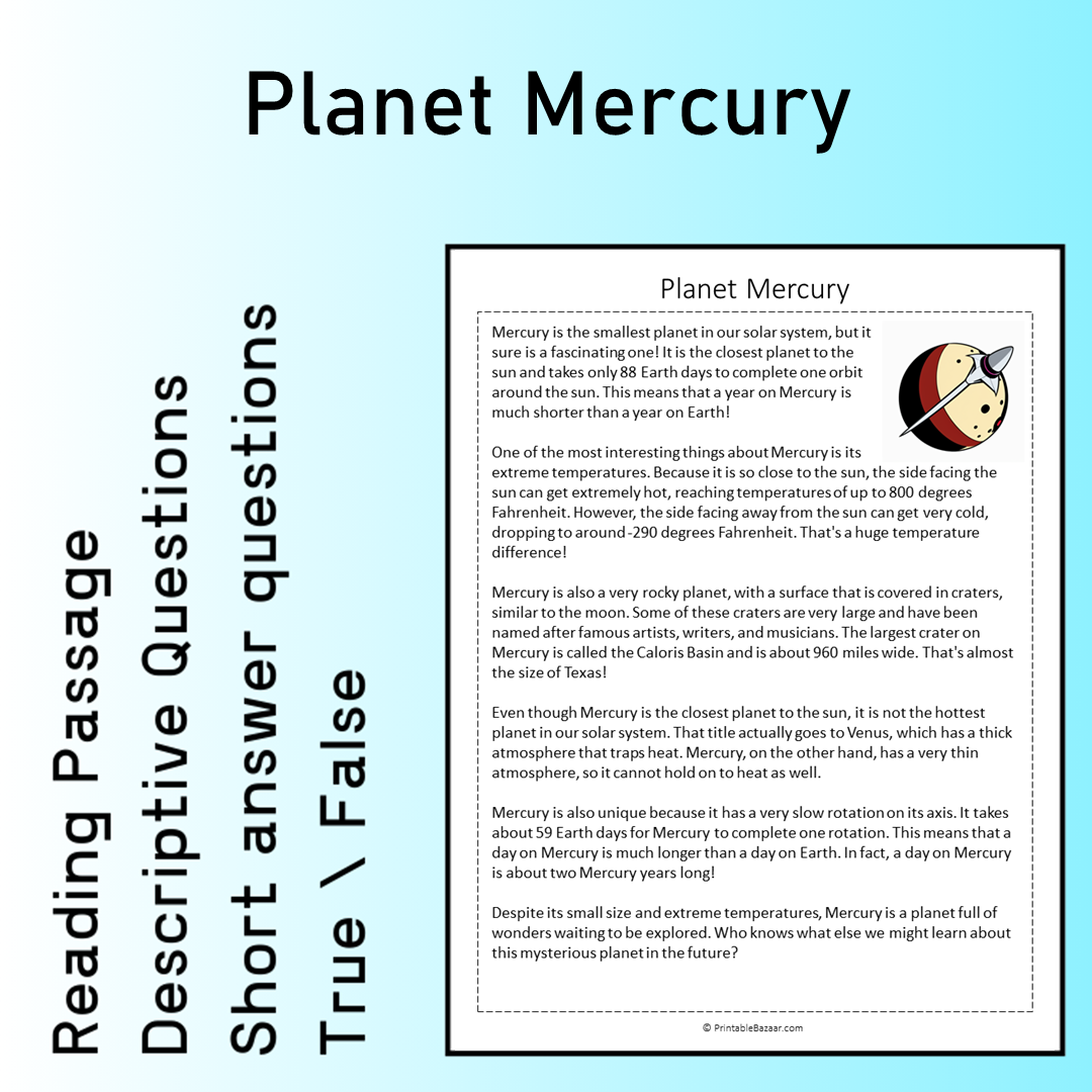 Planet Mercury | Reading Comprehension Passage Printable Worksheet