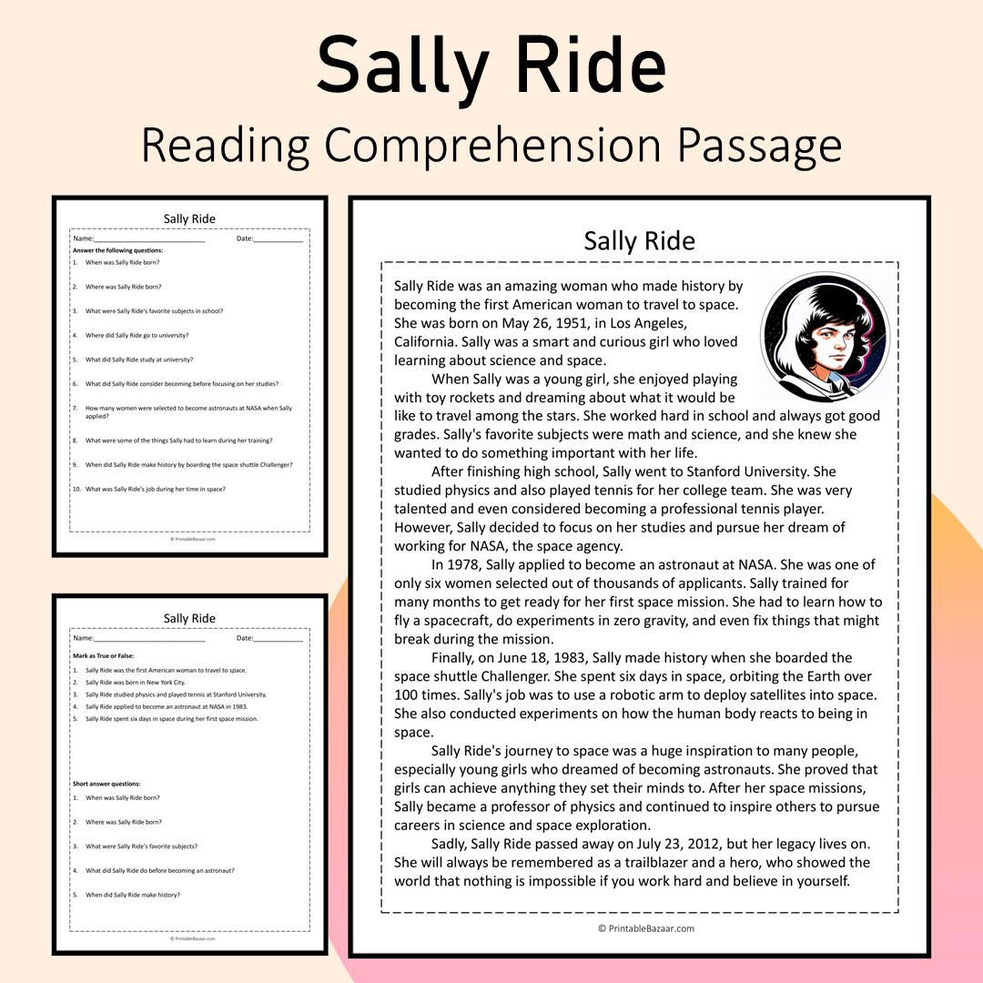 Sally Ride | Reading Comprehension Passage Printable Activity