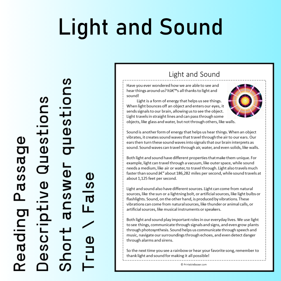 Light and Sound | Reading Comprehension Passage Printable Worksheet
