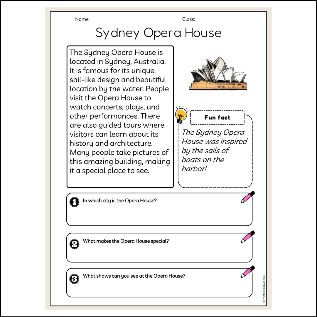 Sydney Opera House | Reading Passage Comprehension Questions Writing Facts Worksheet