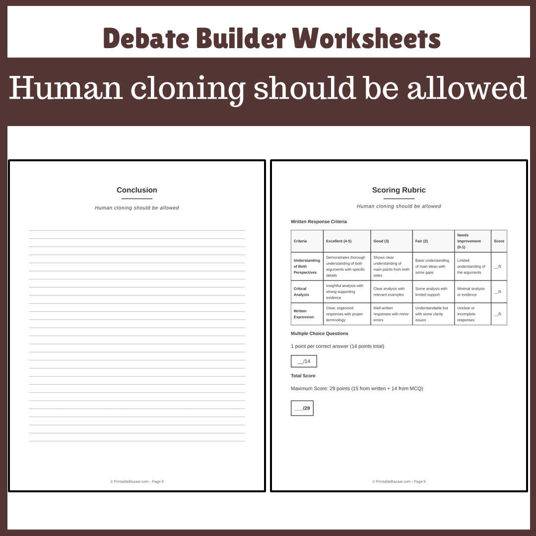 Human cloning should be allowed | Favour and Against Worksheet Printable Activity