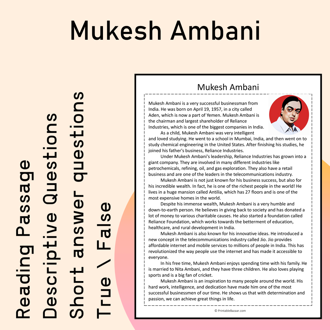 Mukesh Ambani | Reading Comprehension Passage Printable Activity
