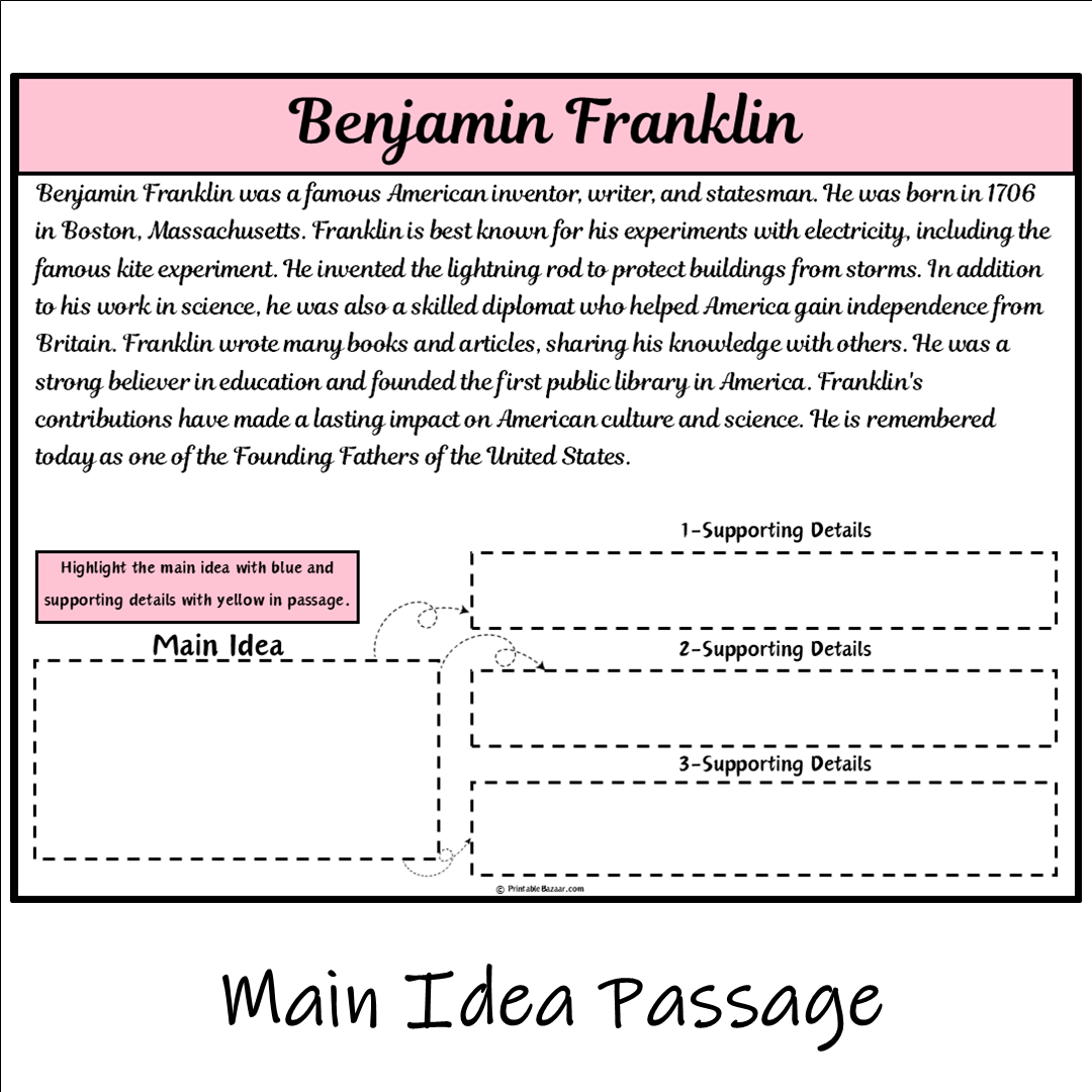 Benjamin Franklin | Main Idea and Supporting Details Reading Passage and Questions