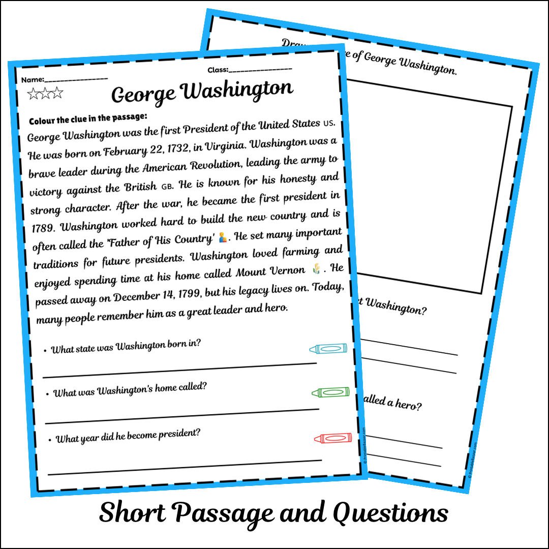 George Washington | Short Reading Comprehension Creative Worksheet