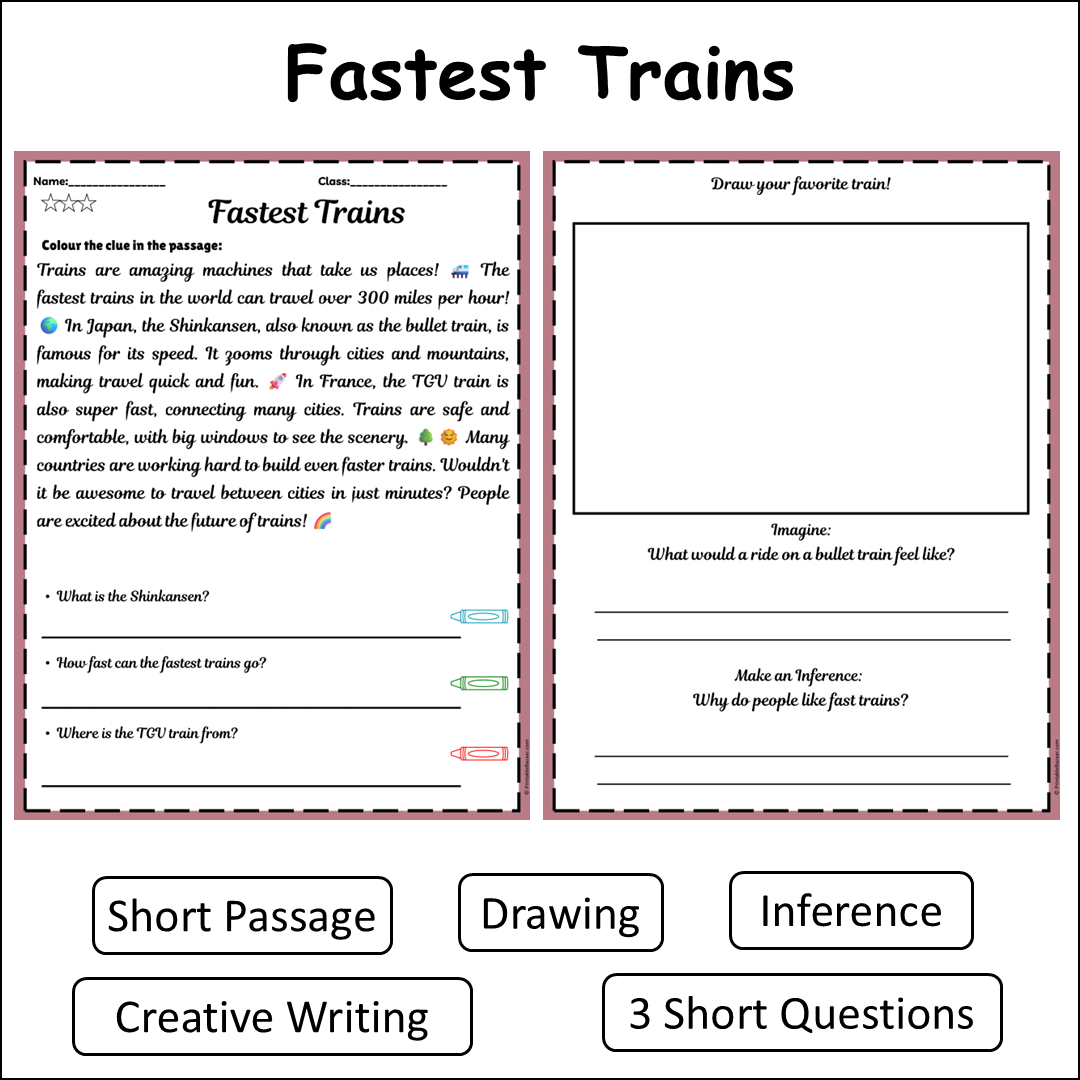 Fastest Trains | Short Reading Comprehension Creative Worksheet