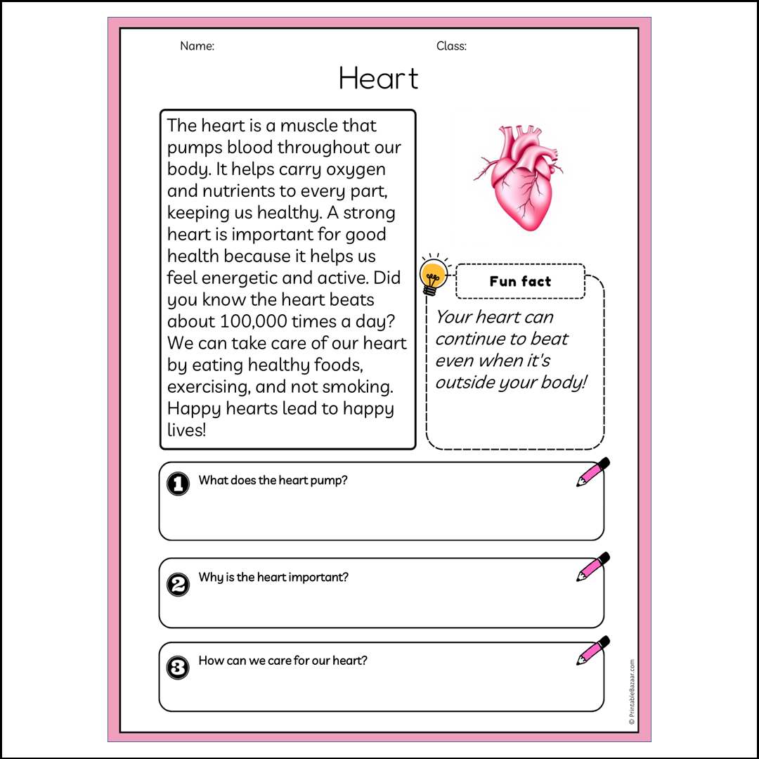 Heart | Reading Passage Comprehension Questions Writing Facts Worksheet