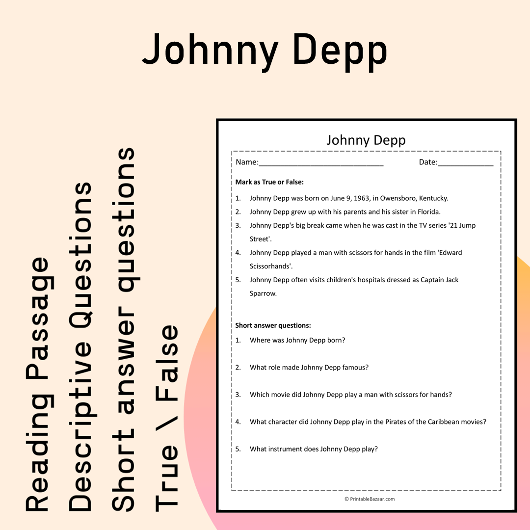 Johnny Depp | Reading Comprehension Passage Printable Activity