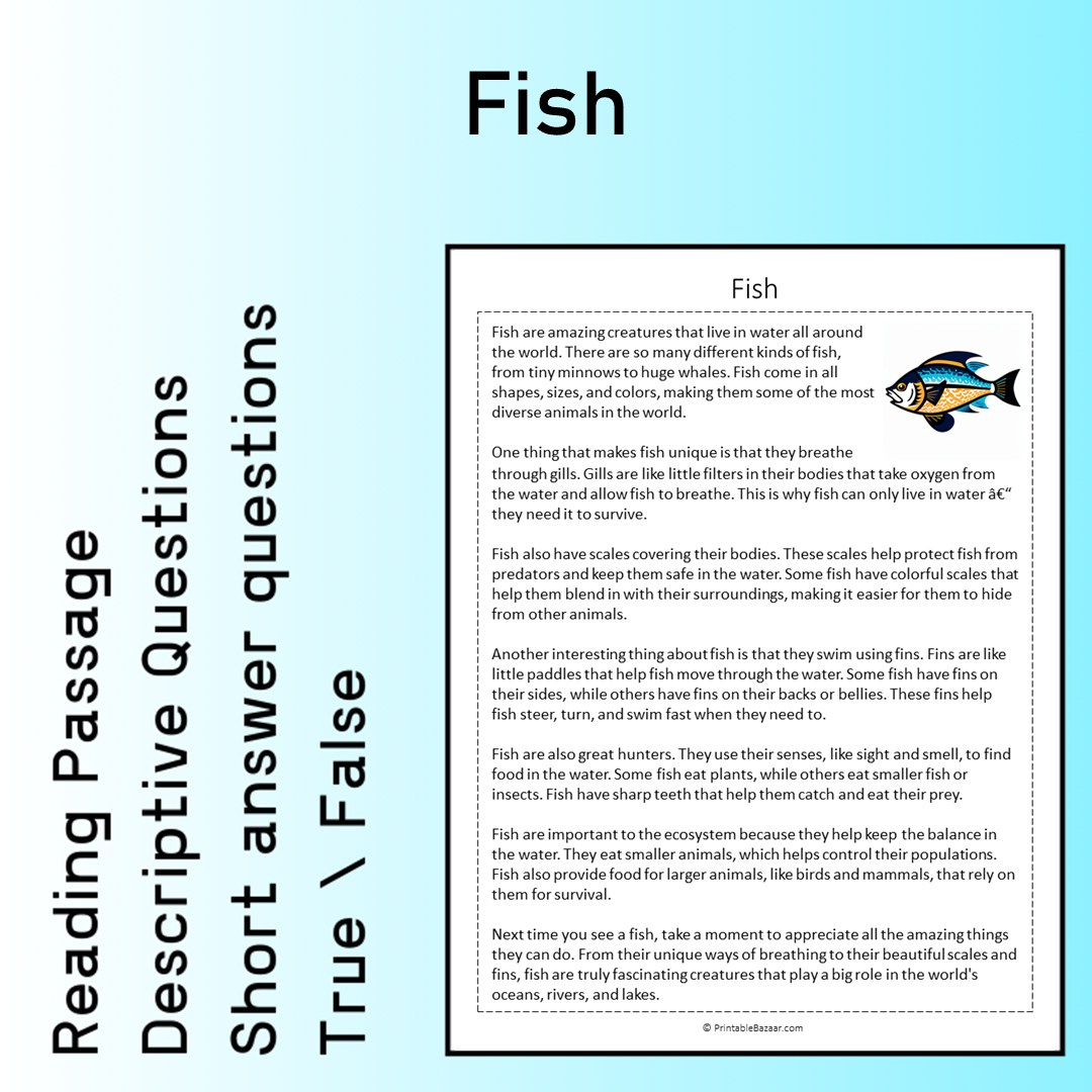 Fish | Reading Comprehension Passage Printable Worksheet