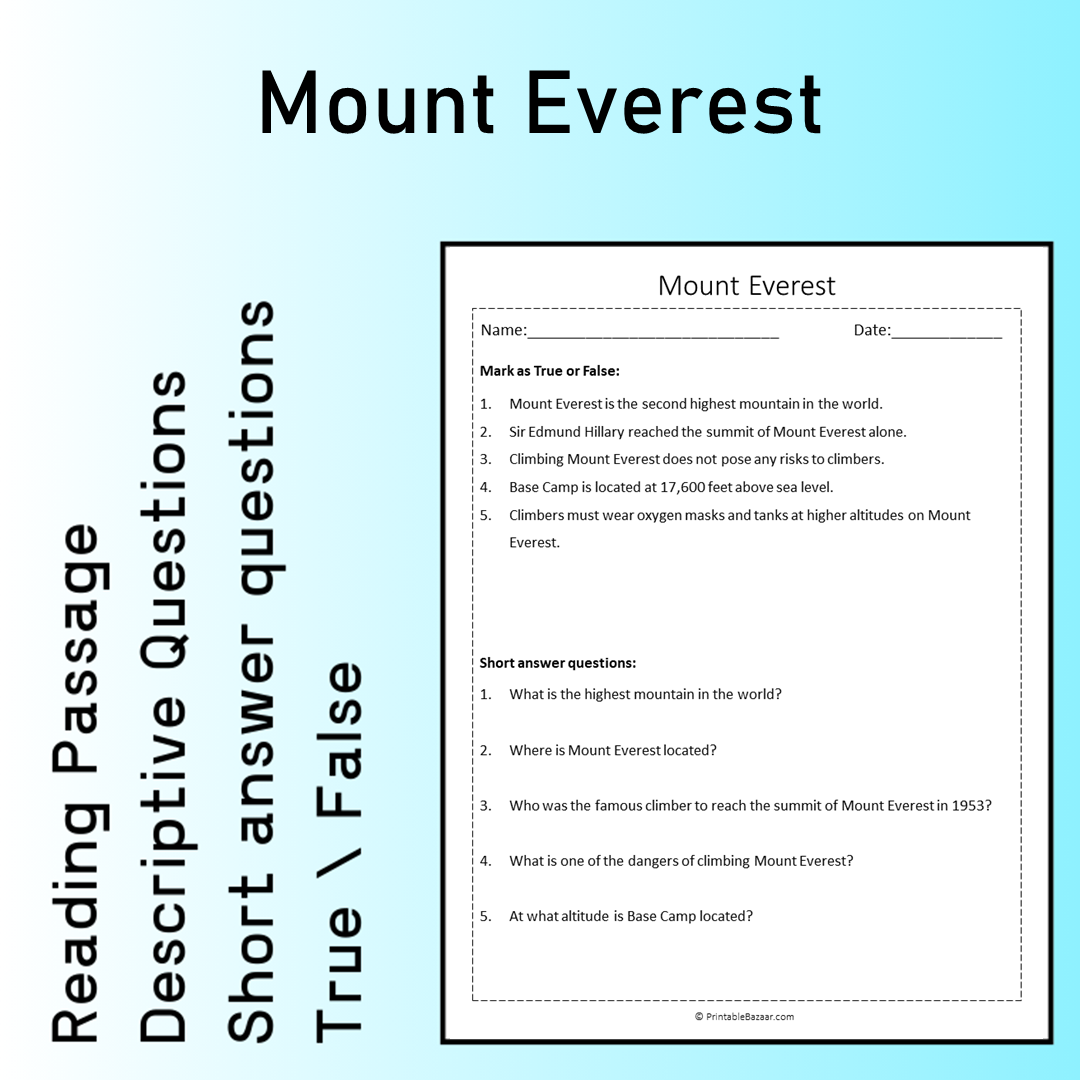 Mount Everest | Reading Comprehension Passage Printable Worksheet