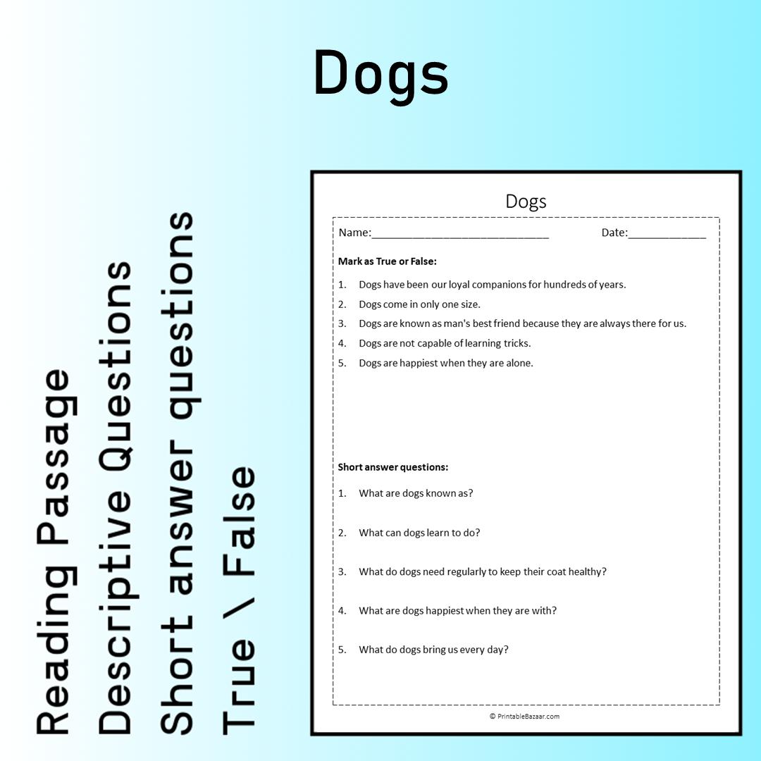 Dogs | Reading Comprehension Passage Printable Worksheet