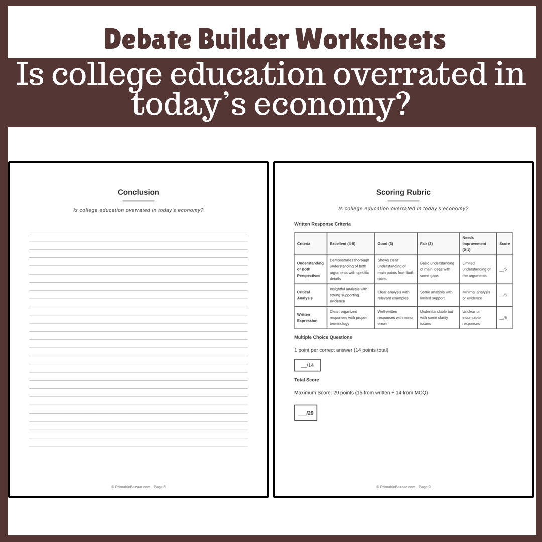 Is college education overrated in today’s economy? | Favour and Against Worksheet Printable Activity