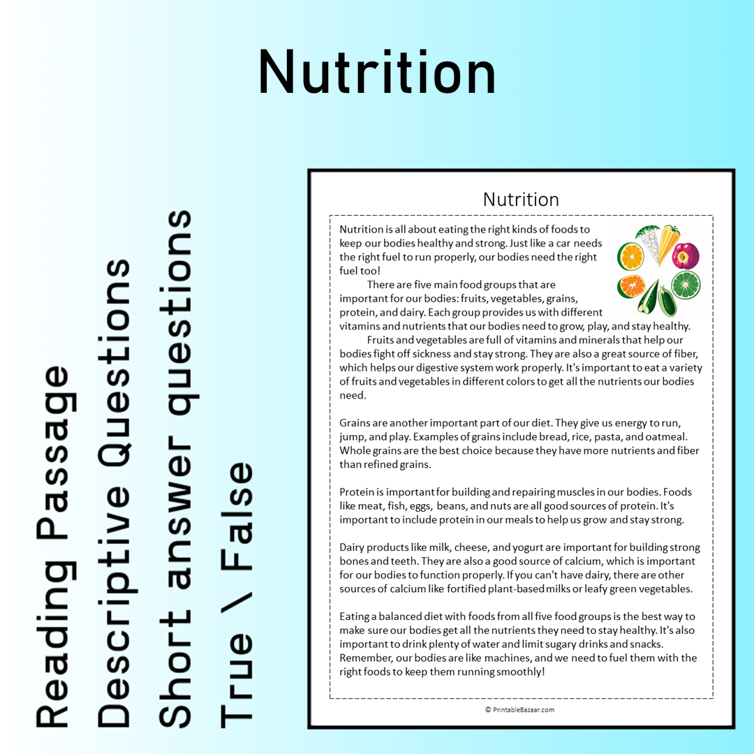 Nutrition | Reading Comprehension Passage Printable Worksheet