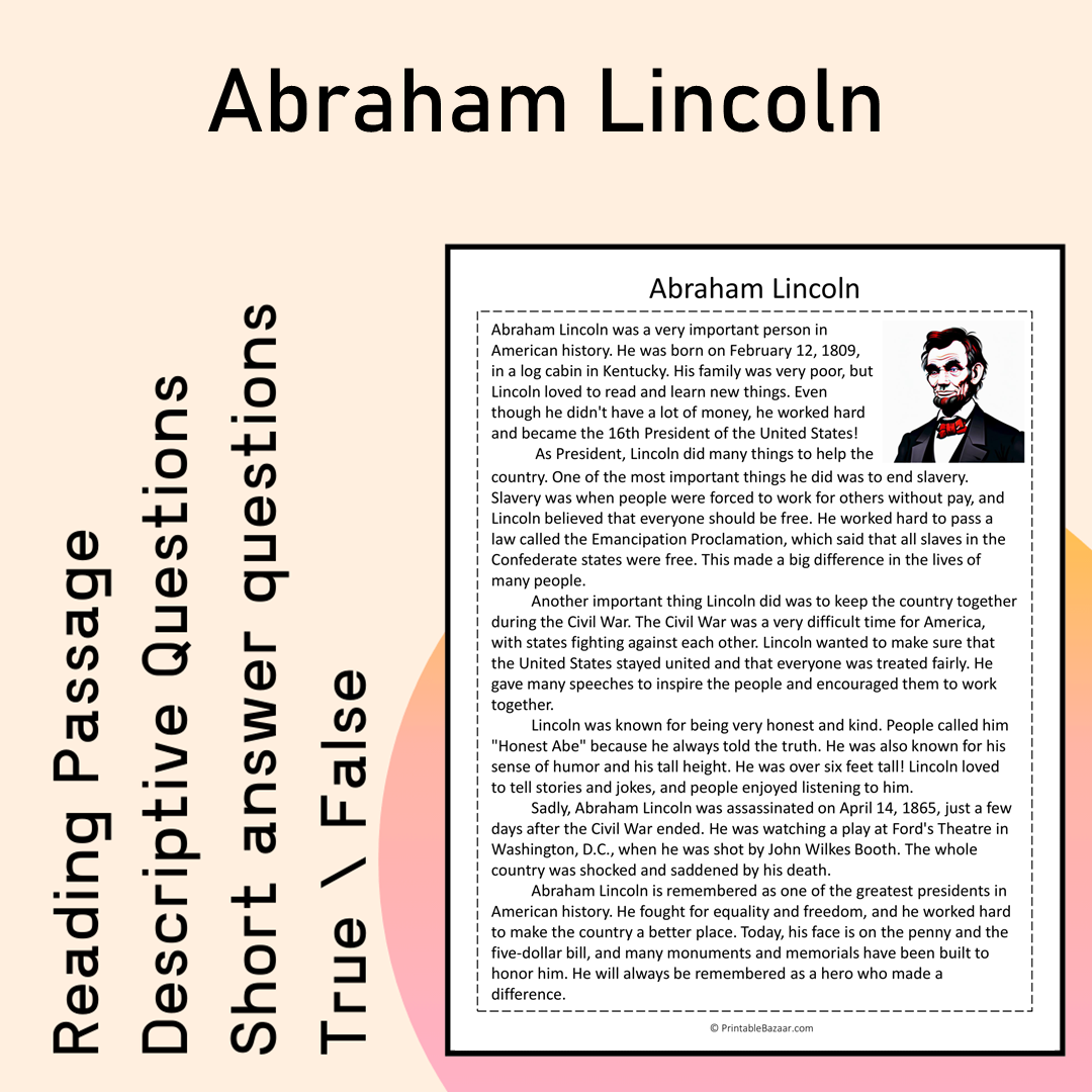 Abraham Lincoln | Reading Comprehension Passage Printable Activity