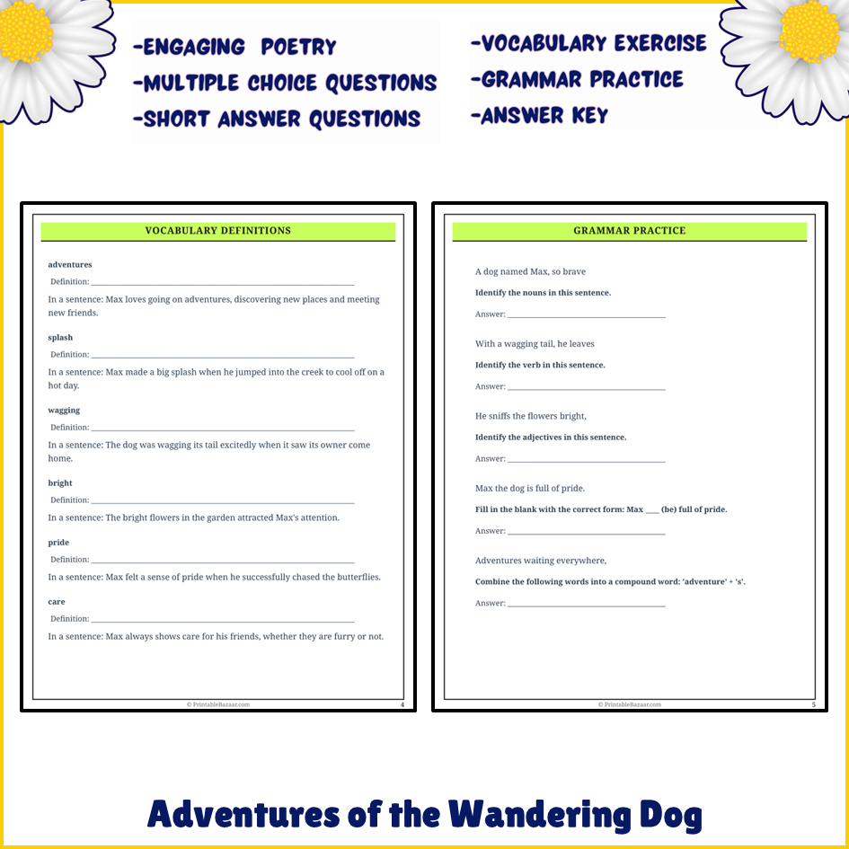 Adventures of the Wandering Dog | Poem Grammar Worksheet Printable Activity