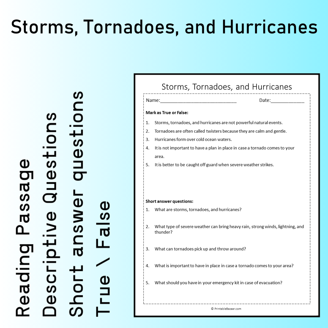 Storms, Tornadoes, and Hurricanes | Reading Comprehension Passage Printable Worksheet