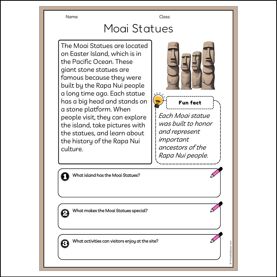 Moai Statues | Reading Passage Comprehension Questions Writing Facts Worksheet