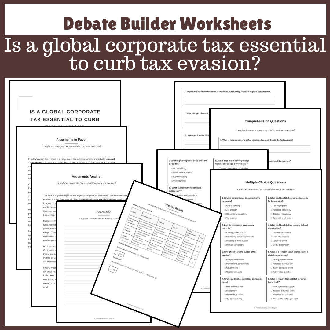 Is a global corporate tax essential to curb tax evasion? | Favour and Against Worksheet Printable Activity