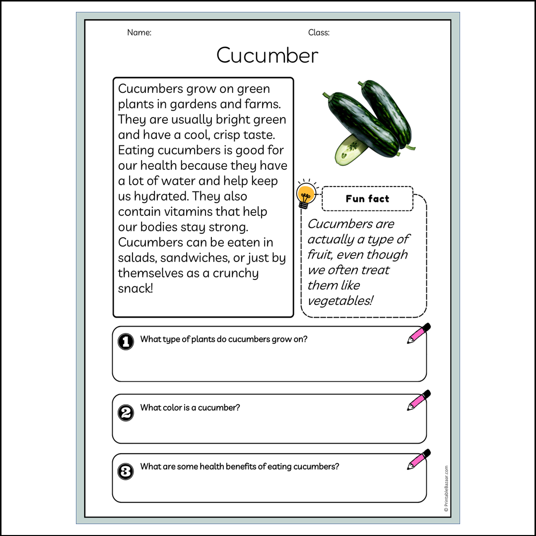Cucumber | Reading Passage Comprehension Questions Writing Facts Worksheet