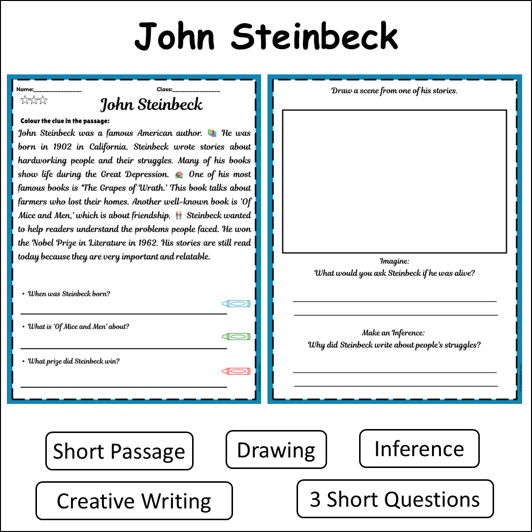 John Steinbeck | Short Reading Comprehension Creative Worksheet