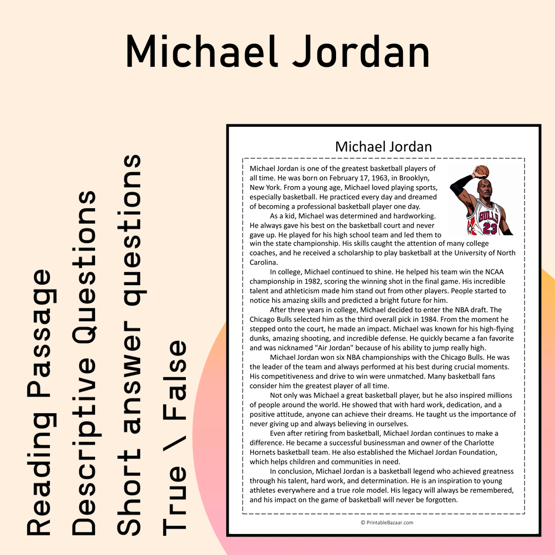 Michael Jordan | Reading Comprehension Passage Printable Activity