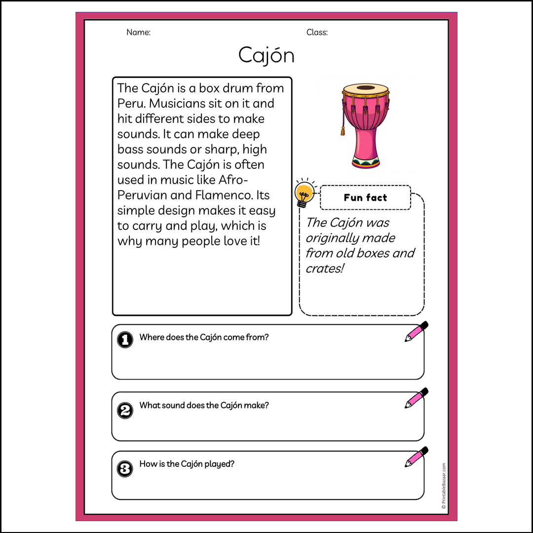 Cajón | Reading Passage Comprehension Questions Writing Facts Worksheet