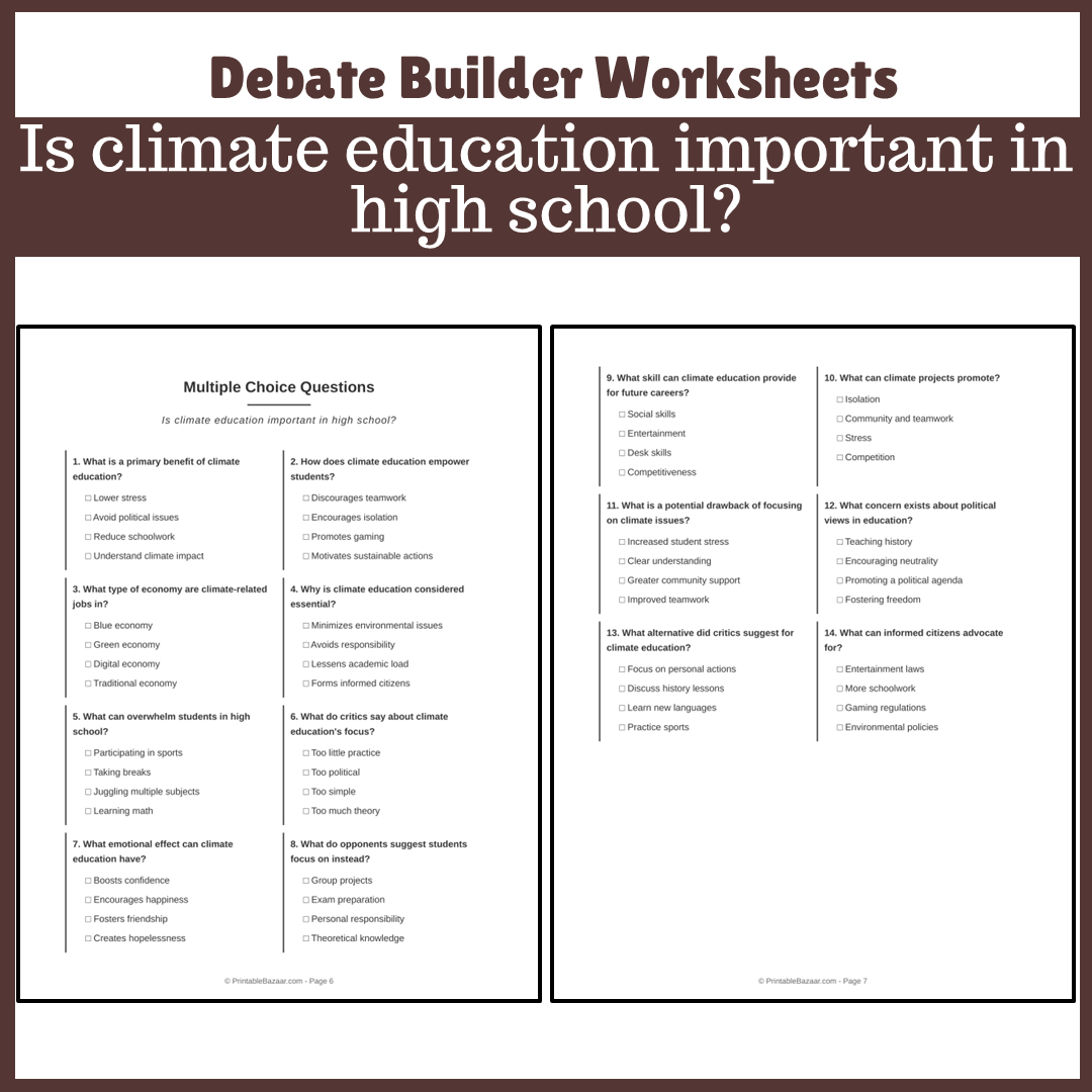 Is climate education important in high school? | Favour and Against Worksheet Printable Activity