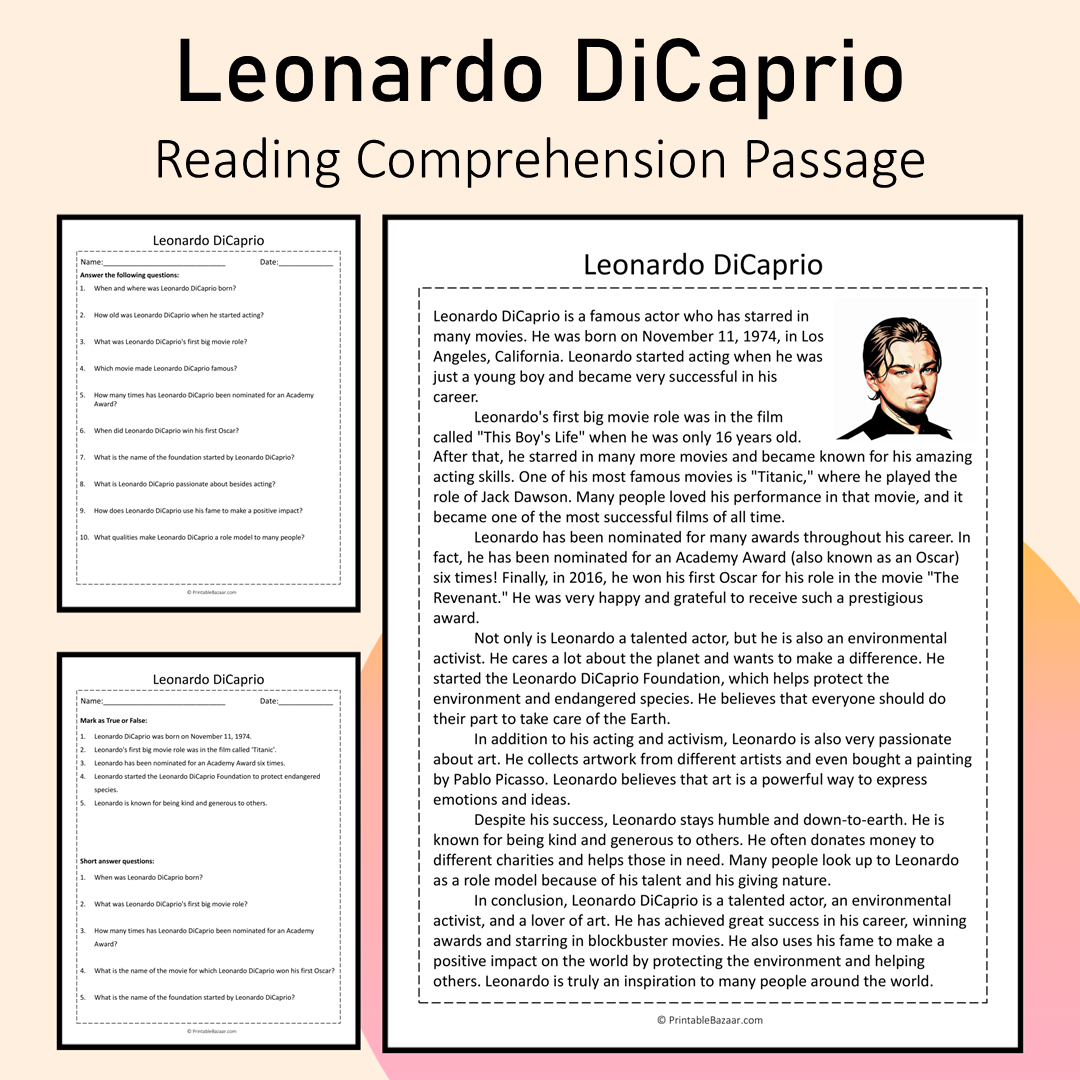 Leonardo DiCaprio | Reading Comprehension Passage Printable Activity