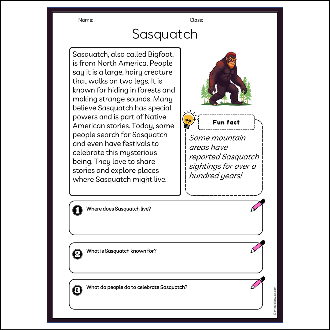 Sasquatch | Reading Passage Comprehension Questions Writing Facts Worksheet