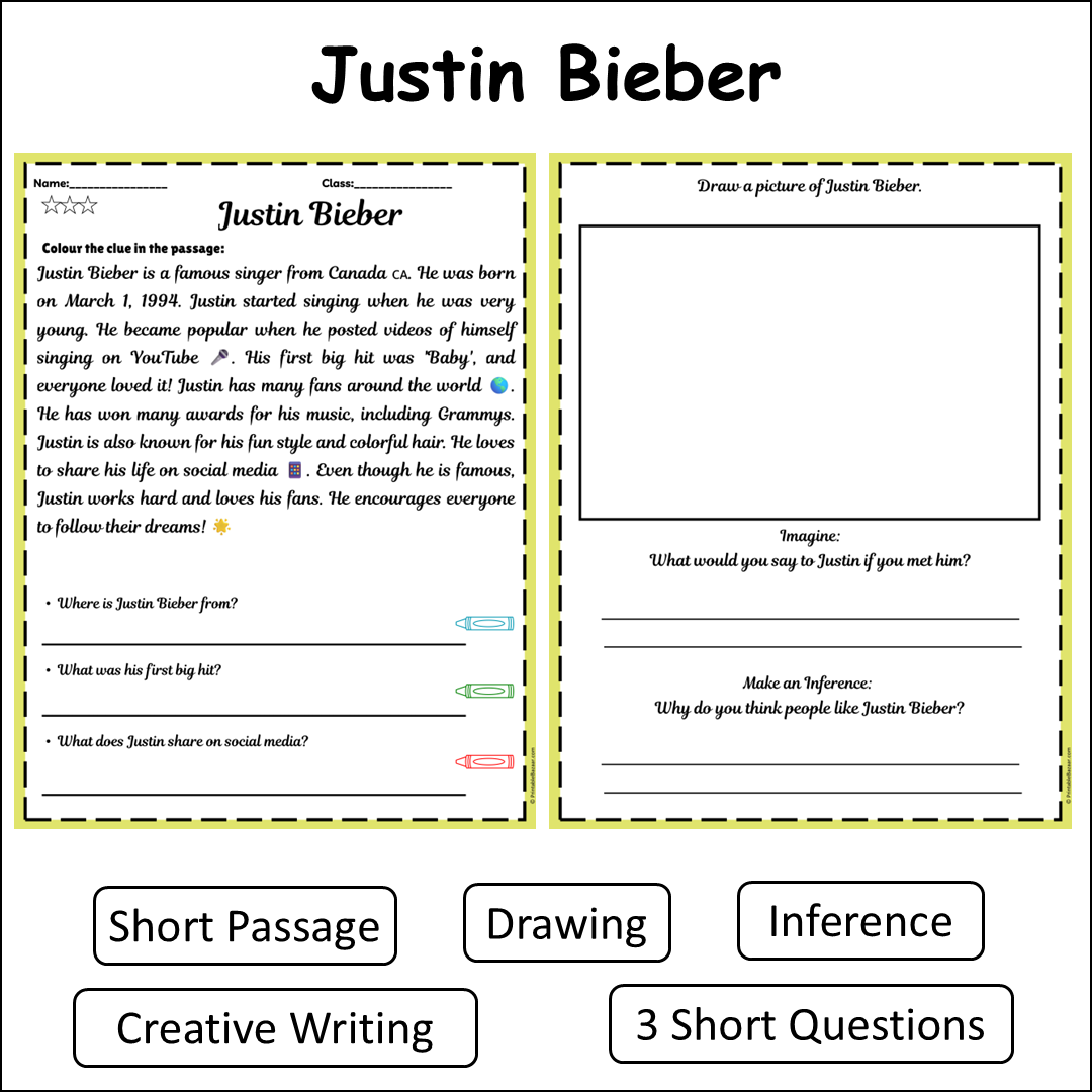 Justin Bieber | Short Reading Comprehension Creative Worksheet