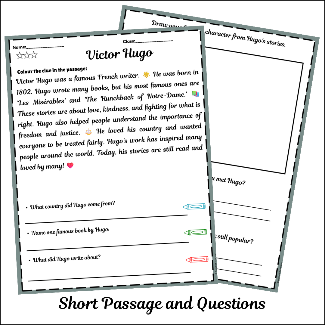 Victor Hugo | Short Reading Comprehension Creative Worksheet