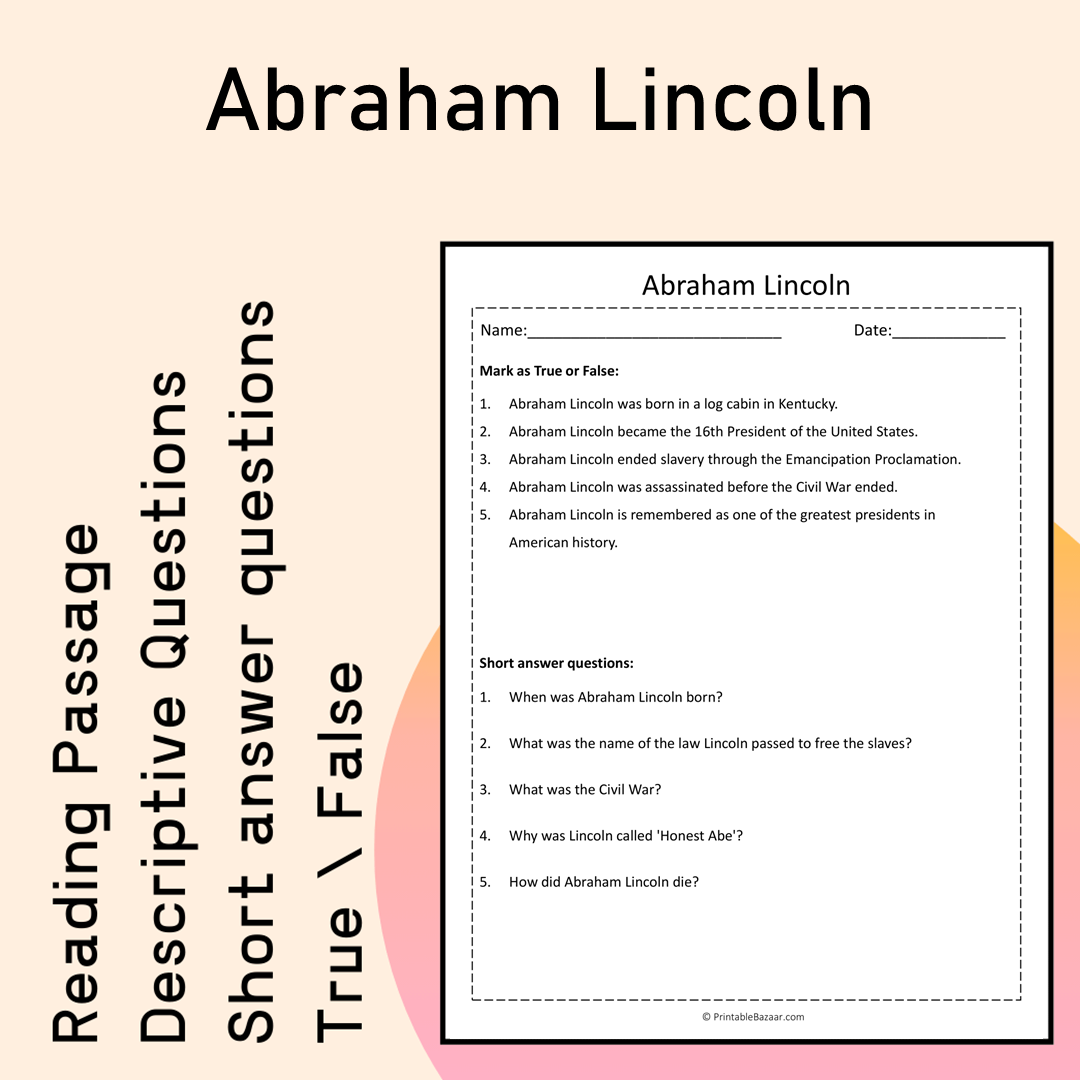 Abraham Lincoln | Reading Comprehension Passage Printable Activity