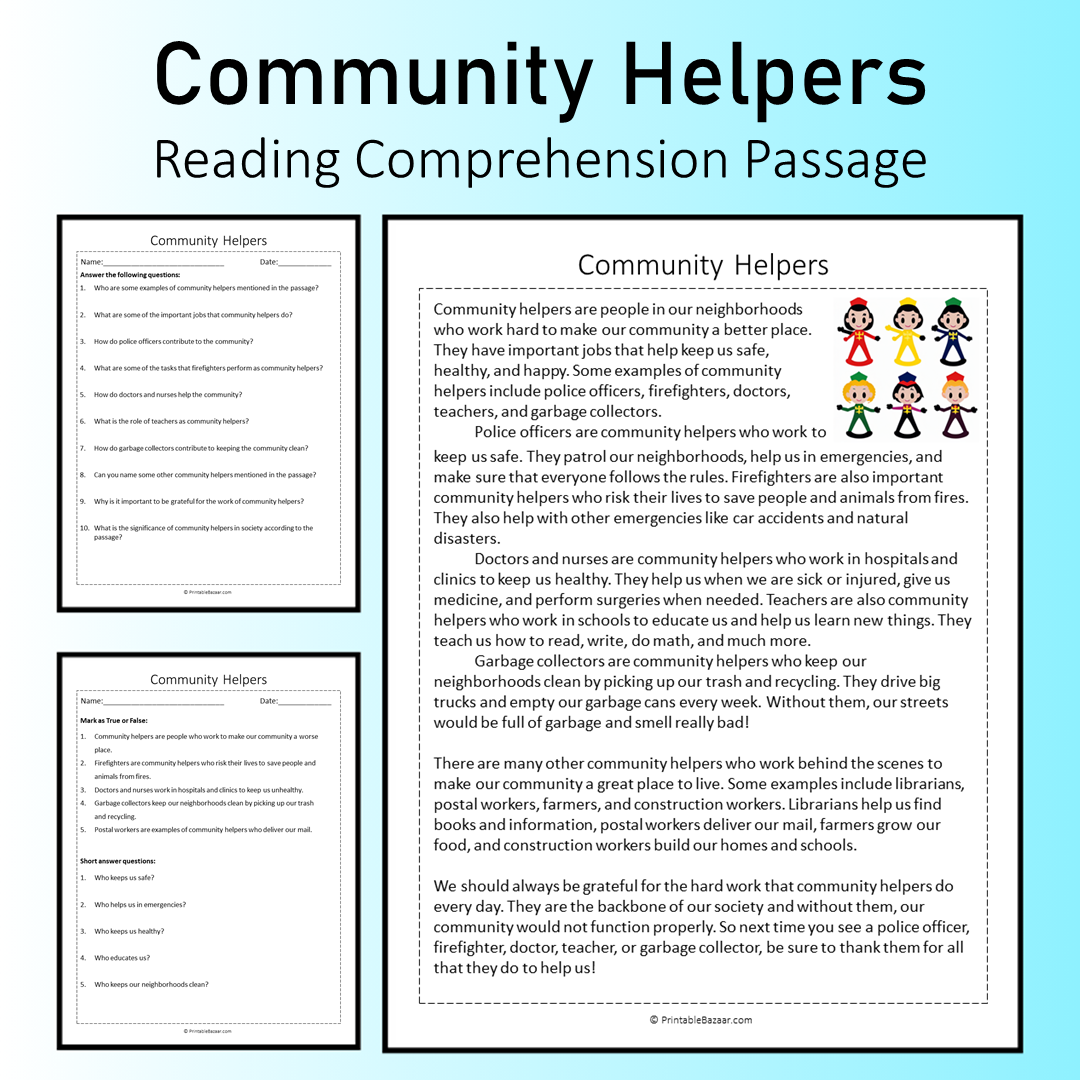 Community Helpers | Reading Comprehension Passage Printable Worksheet