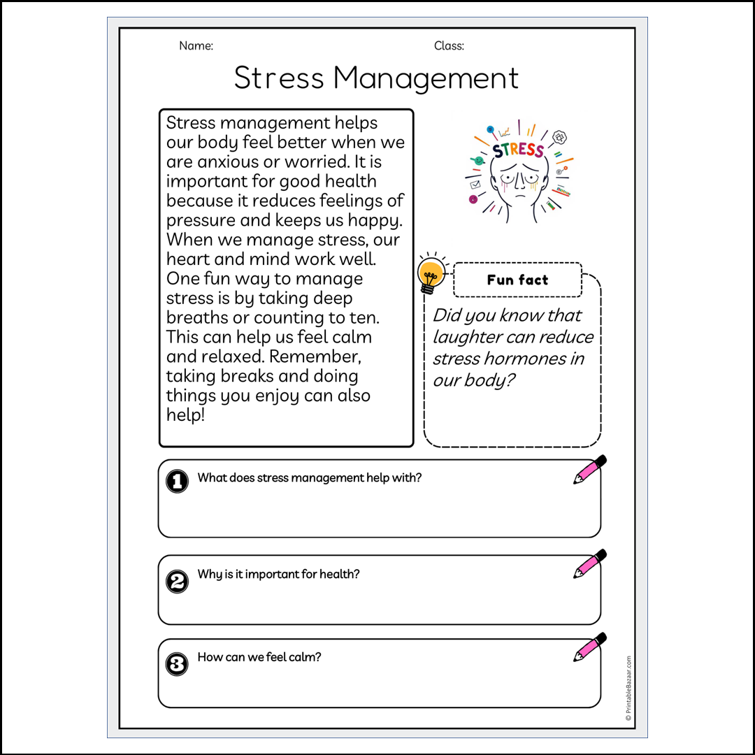 Stress Management | Reading Passage Comprehension Questions Writing Facts Worksheet