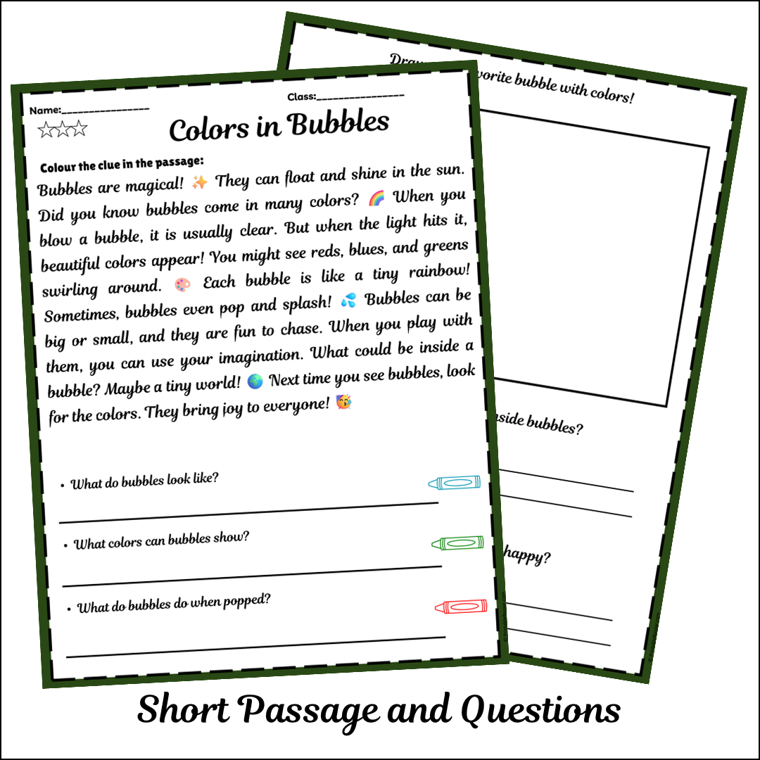 Colors in Bubbles | Short Reading Comprehension Creative Worksheet